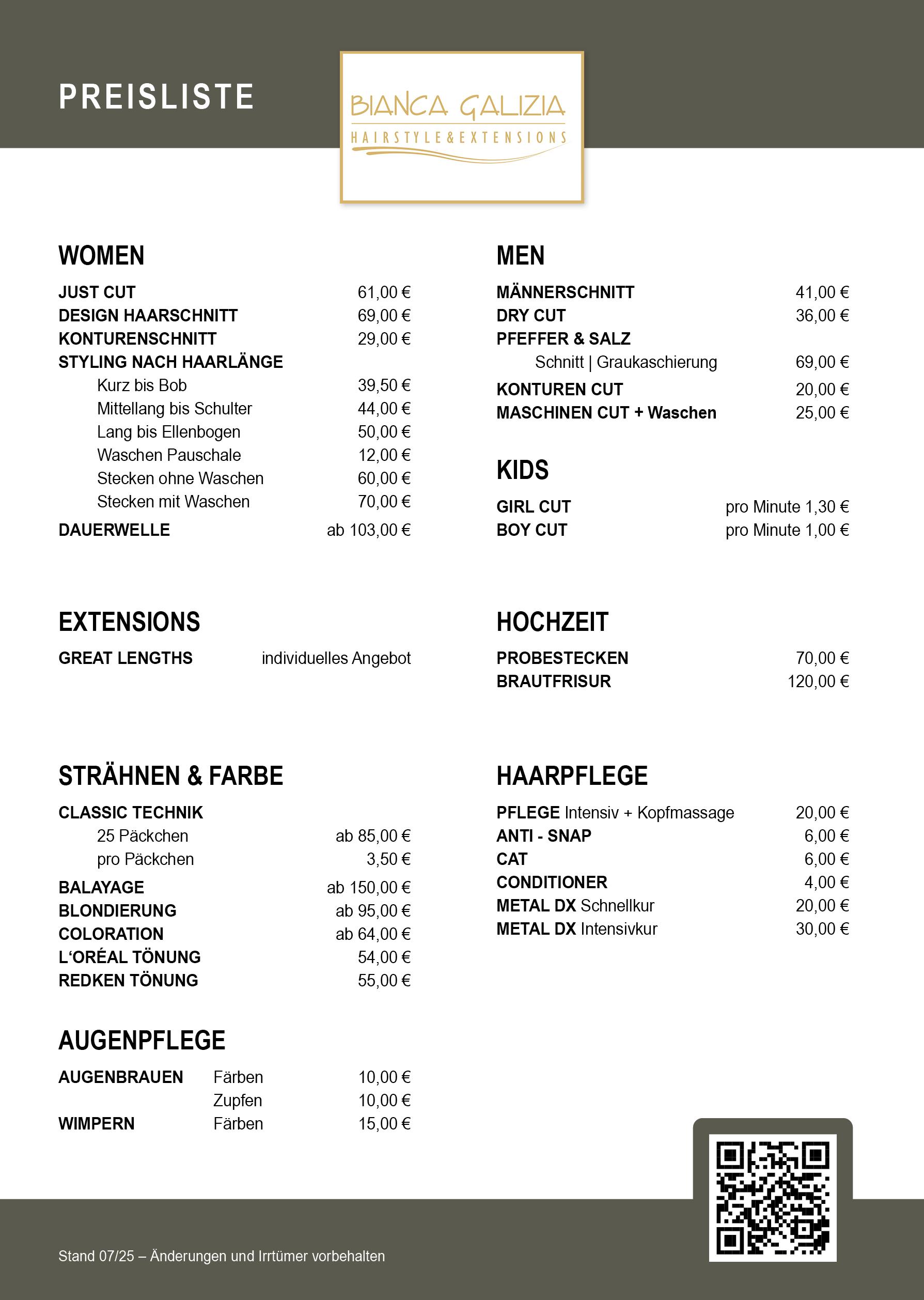 Preisliste Bianca Galizia Hairstyle und Extensions Trier